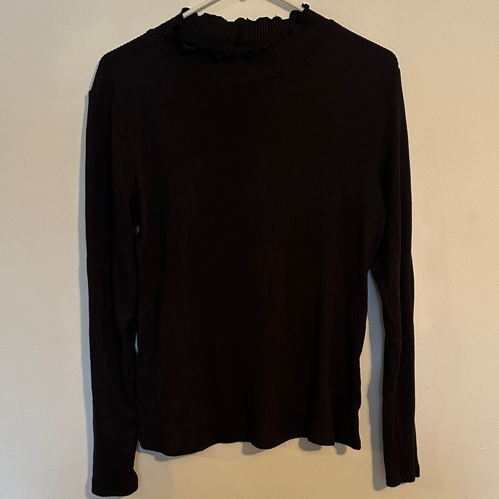 Maurices Black Long Sleeve Top with Ruffle Neckline